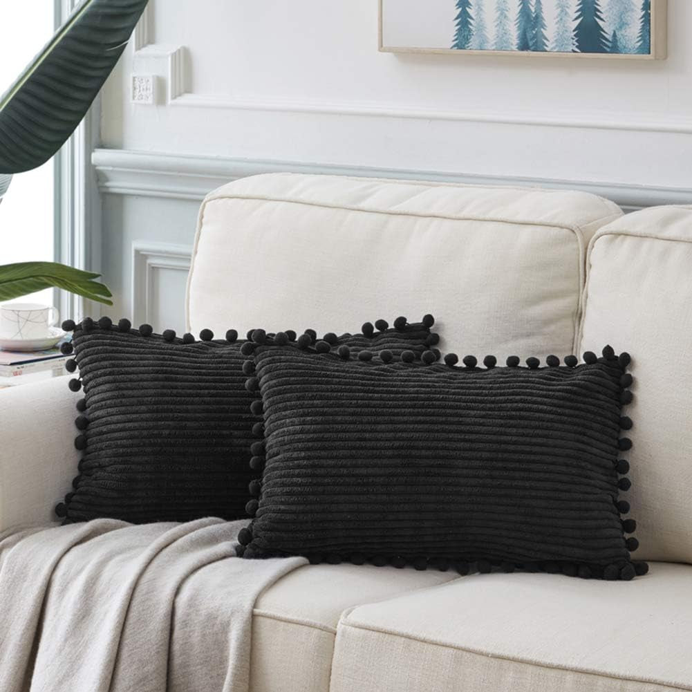 Fancy Homi Dark Gray Decorative Throw Pillow Covers 18X18 Inch with Pom Poms, Boho Farmhouse Home Decor, Soft Corduroy Accent Square Cushion Case for Living Room Couch Bed Sofa 45X45 Cm