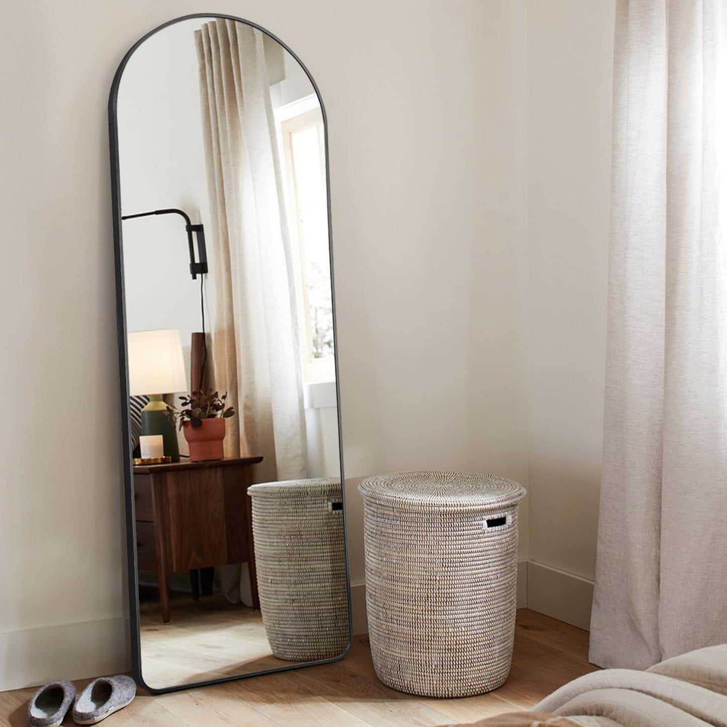 KIAYACI Arched Floor Mirror Wood Frame Wall Mounted Mirror Distressed Style Wide Frame Dressing Make up Mirror for Bathroom/Bedroom/Living Room/Dining Room/Entry/Farmhouse (Light Gray, 64" X 21")…