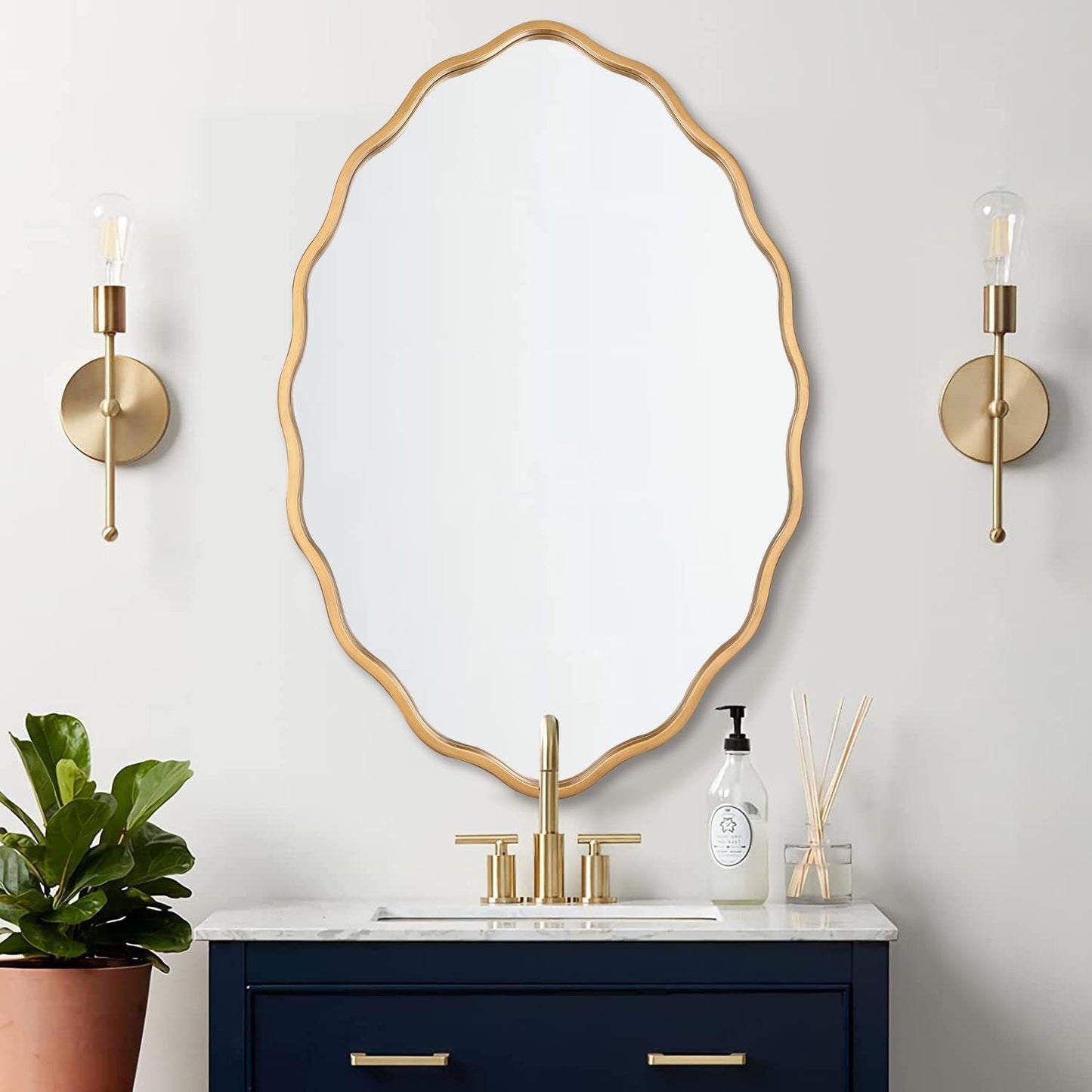 Large Modern Brushed Gold Oval Ripple Bathroom Mirror - Wall Mounted,