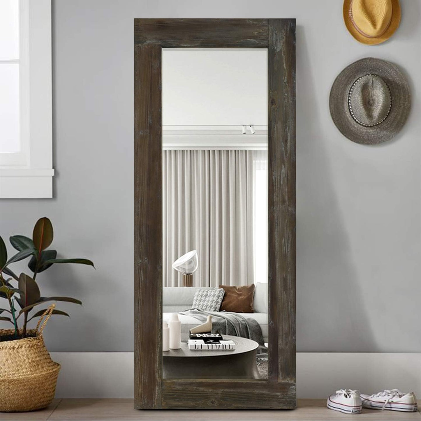 KIAYACI Arched Floor Mirror Wood Frame Wall Mounted Mirror Distressed Style Wide Frame Dressing Make up Mirror for Bathroom/Bedroom/Living Room/Dining Room/Entry/Farmhouse (Light Gray, 64" X 21")…