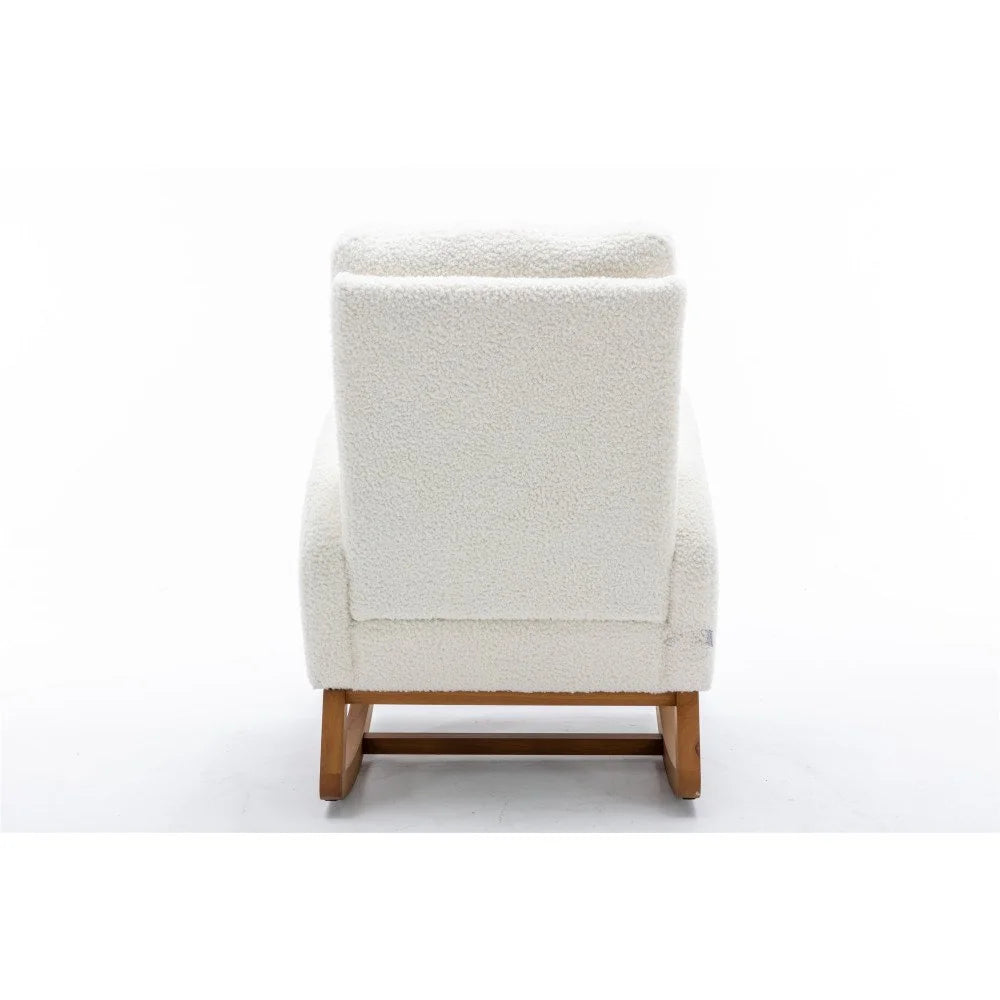 Nursery Rocking Chairs, Upholstered Fabric Nursery Chairs with Tall Back and Side Pocket, Nursing Chair with Rubber Wood Legs, Rocker Glider Chair, White Teddy