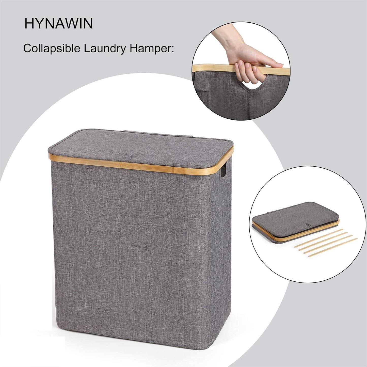 HYNAWIN 90L Laundry Hamper with Lid Large Bamboo Laundry Basket Dirty Clothes Collapsible Laundry Hamper for Bedroom, Laundry Room, Closet, Bathroom, College Dorm