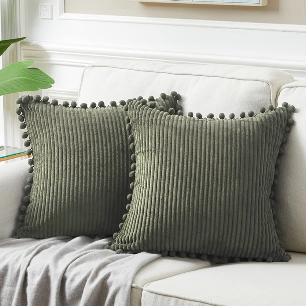 Fancy Homi Dark Gray Decorative Throw Pillow Covers 18X18 Inch with Pom Poms, Boho Farmhouse Home Decor, Soft Corduroy Accent Square Cushion Case for Living Room Couch Bed Sofa 45X45 Cm