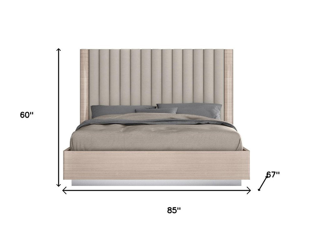 Beige Ribbed Texture Wood And Tufted Linen Blend Upholstered Queen Bed Frame