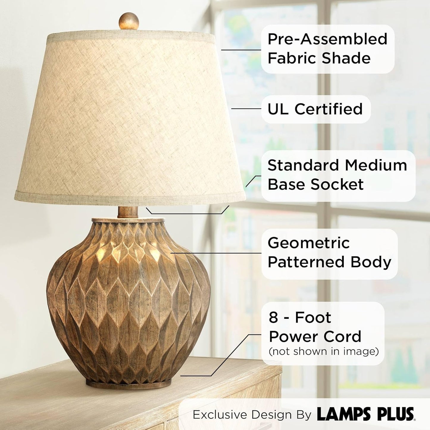 360 Lighting Buckhead Modern Accent Table Lamp 22" High Warm Bronze Brown Sculptural Geometric Textured Urn Tapered Fabric Drum Shade Bedroom Living Room House Home Bedside Nightstand Office