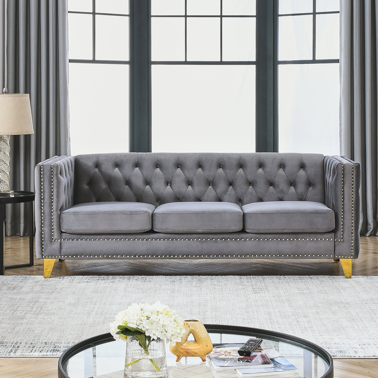 Velvet Sofa for Living Room, Button Tufted Square Arm Upholstered Couch with Metal Legs