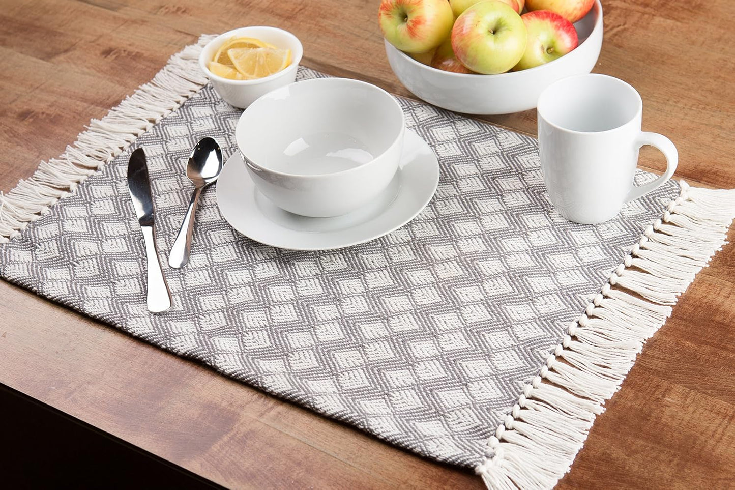 Placemats Set of 4, Woven Cloth Placemat Set, 14X19 In, Gray Boho Place Mats for Kitchen or Dining Table, Washable Cotton Table Mats