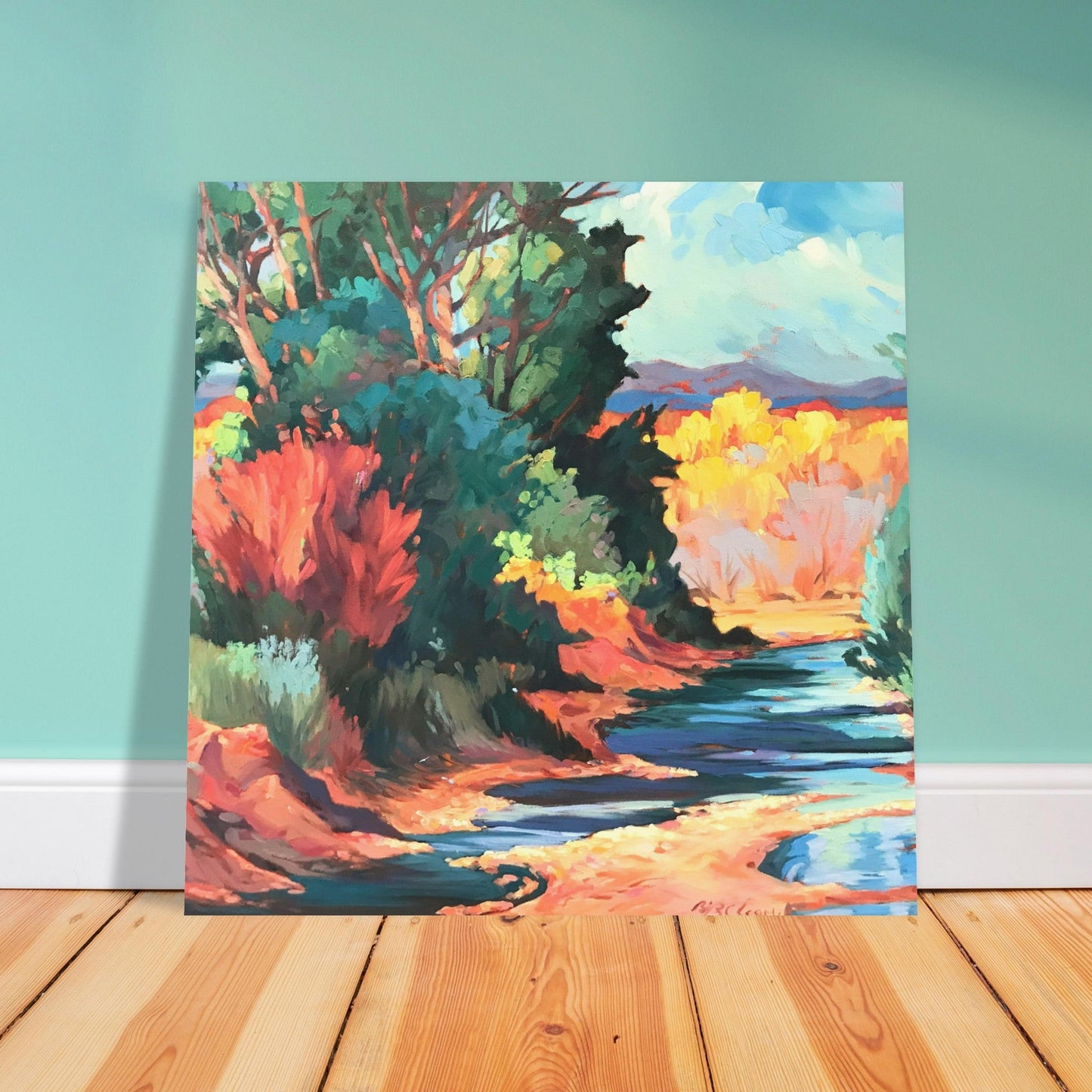 ‘Rio Pueblo’ Landscape I 16x16 Museum-Quality Matte Paper Poster | Original Artwork by American Artist Barbara Cleary