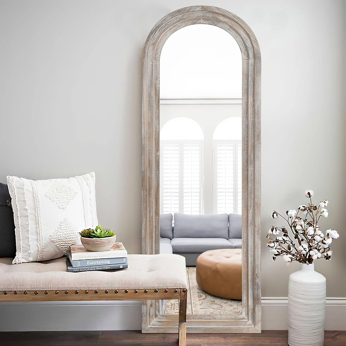 KIAYACI Arched Floor Mirror Wood Frame Wall Mounted Mirror Distressed Style Wide Frame Dressing Make up Mirror for Bathroom/Bedroom/Living Room/Dining Room/Entry/Farmhouse (Light Gray, 64" X 21")…