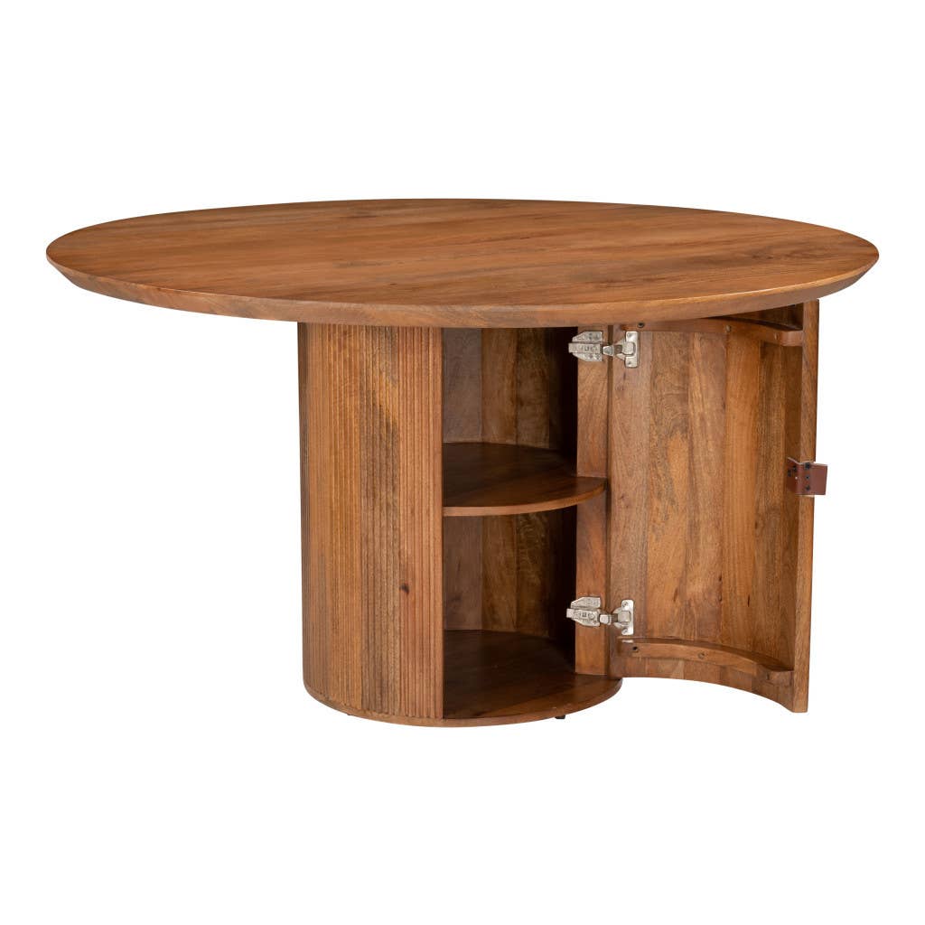 56" Brown Solid Wood Ribbed Texture Pedestal Base Round Dining Table