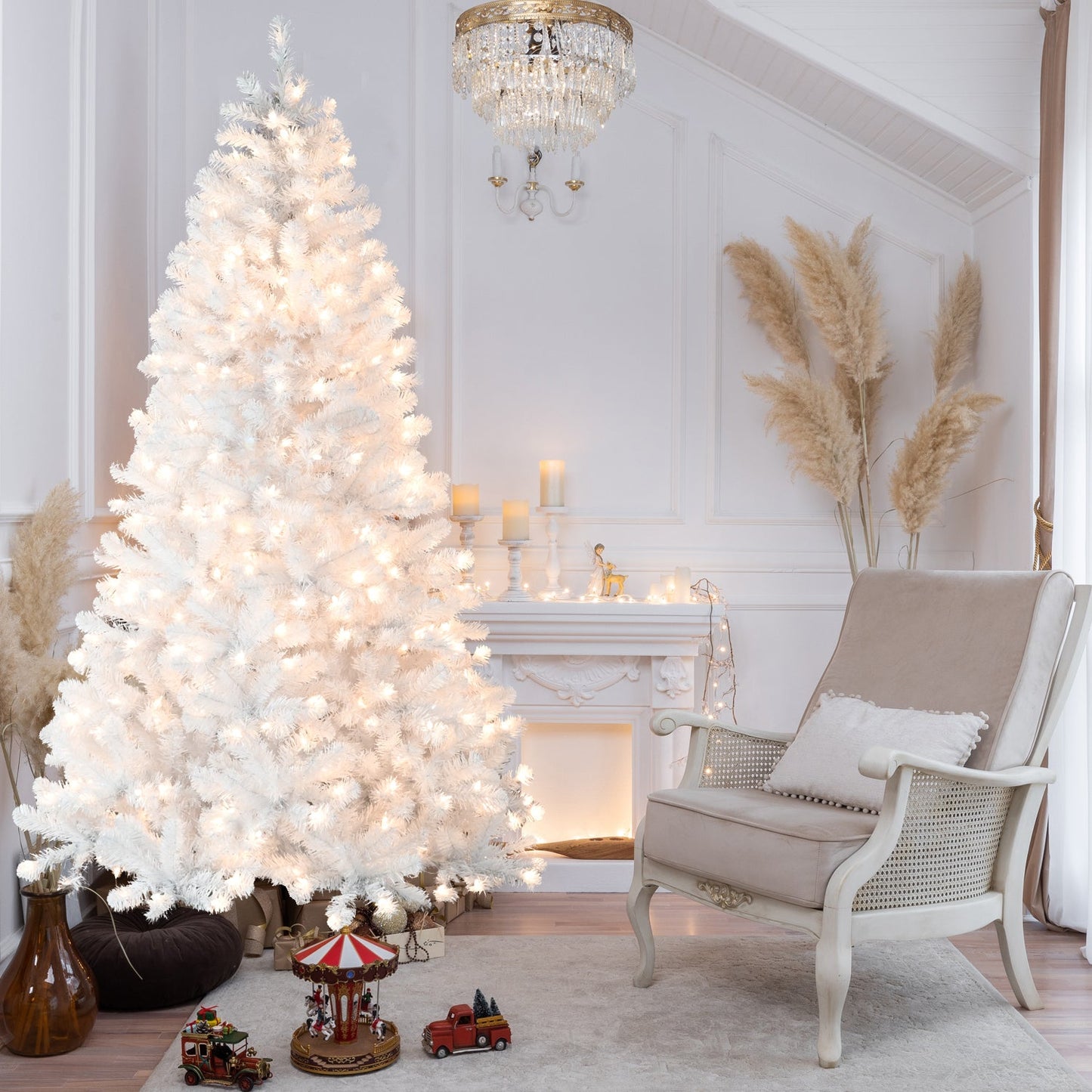 9FT Pre-Lit White Christmas Tree with Memory Wire – 650 Warm