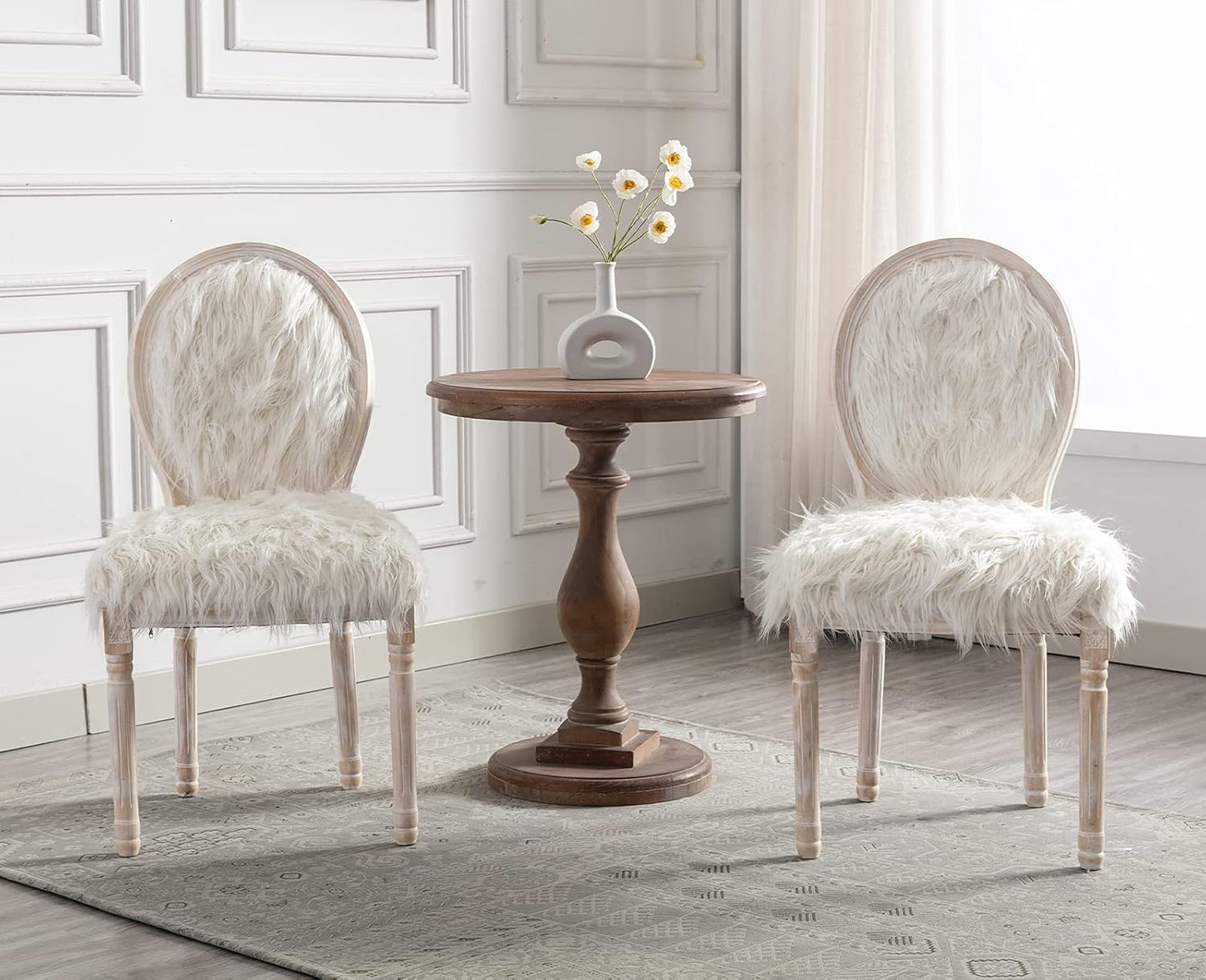 Kmax Faux Fur Elegant Kitchen Chairs Farmhouse Dining Room Chairs Bedroom Vanity Chairs Wood Legs with round Back, White