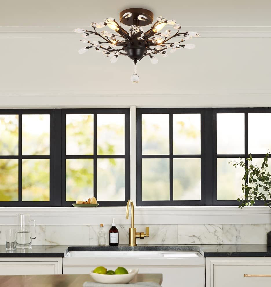 Seol-Light Vintage Crystal Branch Close to Ceiling Light Fixture Black Chandelier Flush Mount with 4 Light 160W 24.5" Dia;