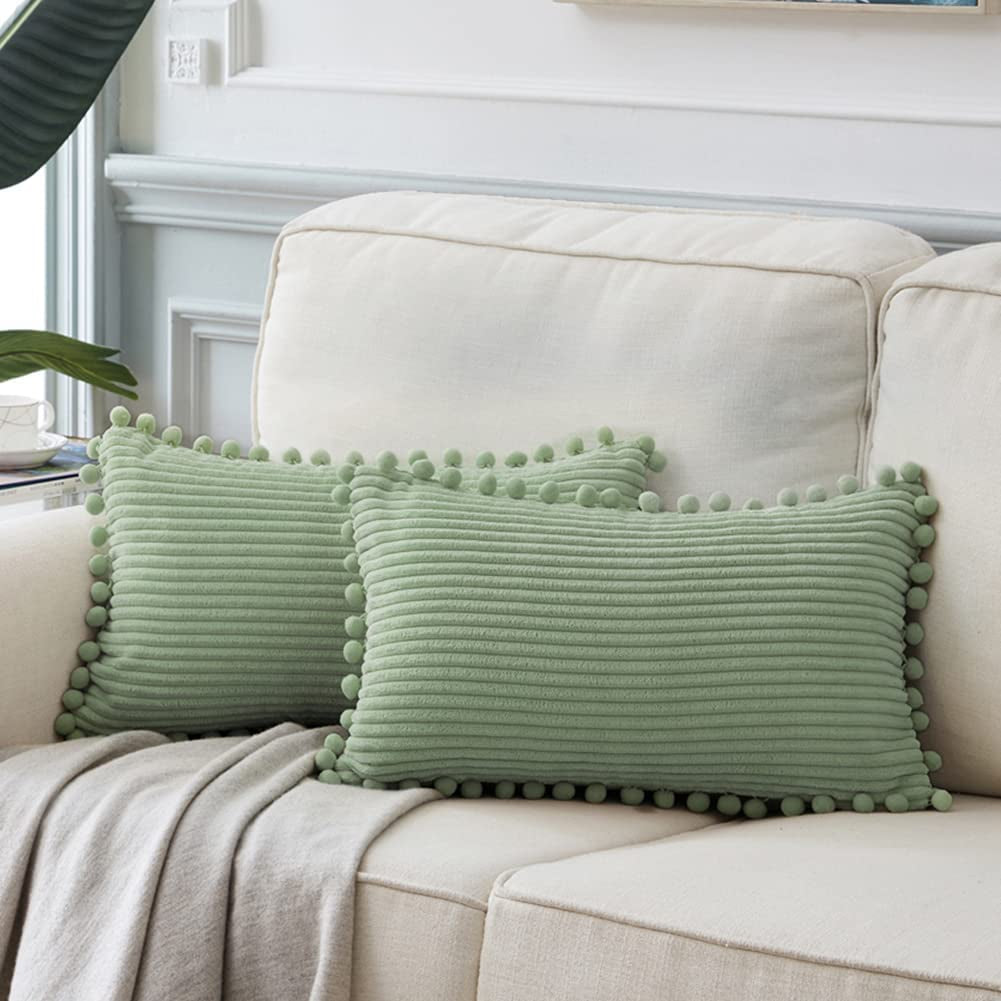 Fancy Homi Dark Gray Decorative Throw Pillow Covers 18X18 Inch with Pom Poms, Boho Farmhouse Home Decor, Soft Corduroy Accent Square Cushion Case for Living Room Couch Bed Sofa 45X45 Cm