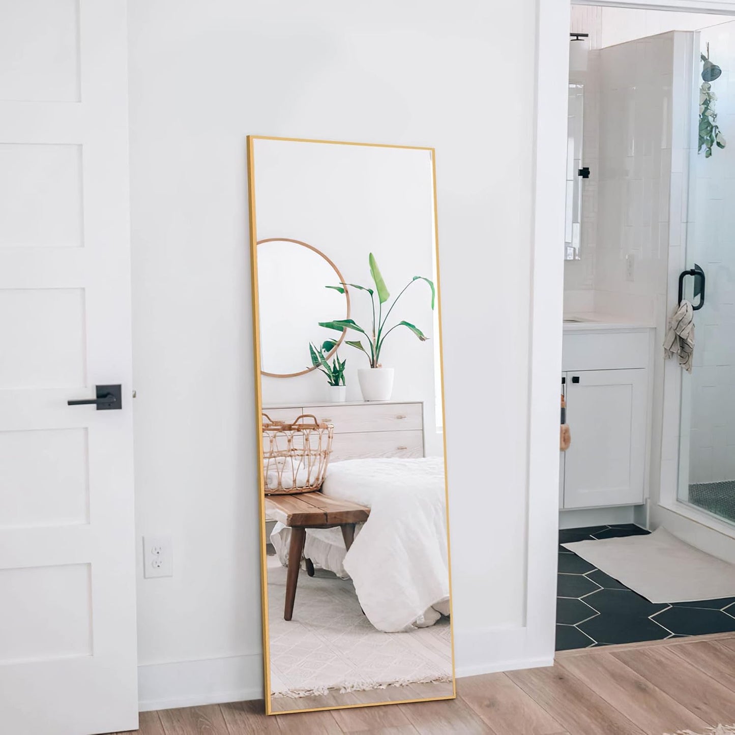 KIAYACI Arched Floor Mirror Wood Frame Wall Mounted Mirror Distressed Style Wide Frame Dressing Make up Mirror for Bathroom/Bedroom/Living Room/Dining Room/Entry/Farmhouse (Light Gray, 64" X 21")…