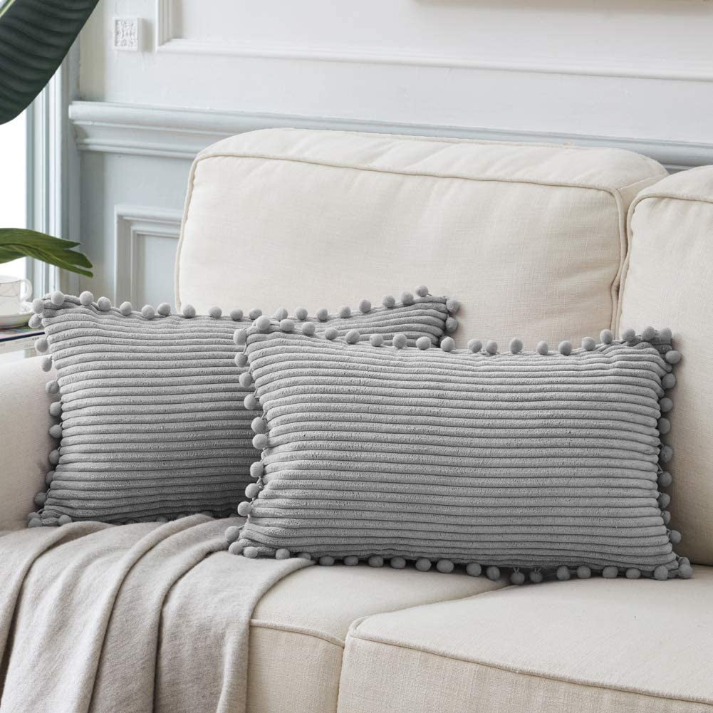 Fancy Homi Dark Gray Decorative Throw Pillow Covers 18X18 Inch with Pom Poms, Boho Farmhouse Home Decor, Soft Corduroy Accent Square Cushion Case for Living Room Couch Bed Sofa 45X45 Cm