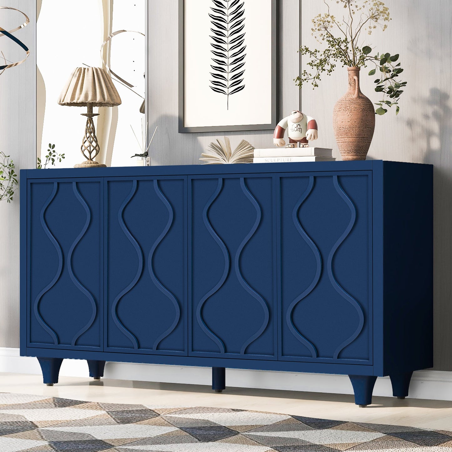 Stylish Storage Cabinet Sideboard Wooden Cabinet with Embossed Curved Front Design