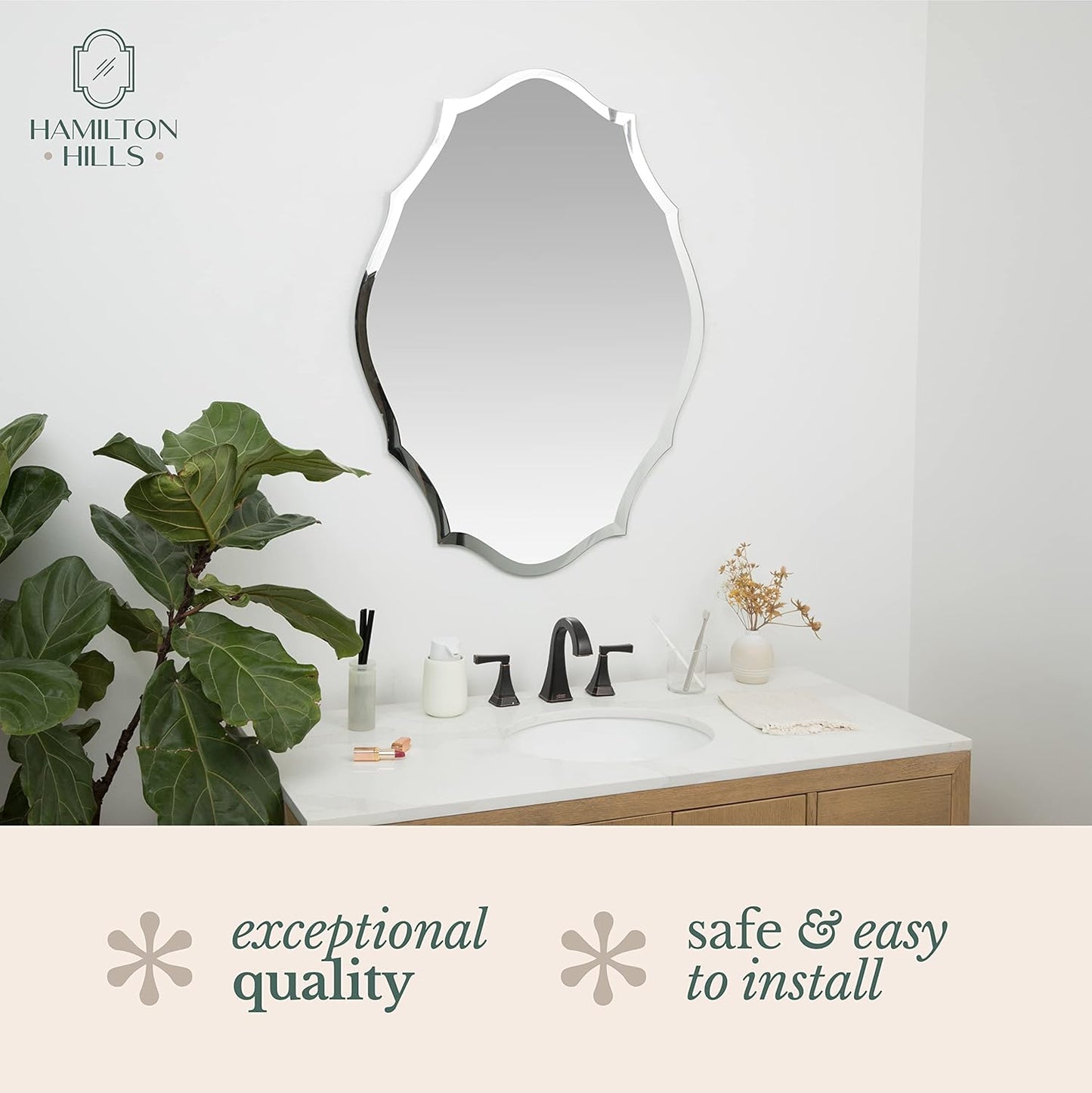 Hamilton Hills 30" X 40" Modern Silver Polished Glass Rectangular Mirror | Elaborate Scallop Wall Mirror Scalloped Edges Vanity for Bedroom, Bathroom and Living-Rooms| Hangs Horizontal and Vertical