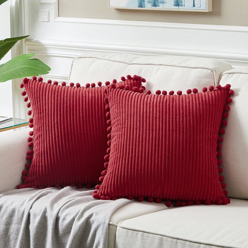 Fancy Homi Dark Gray Decorative Throw Pillow Covers 18X18 Inch with Pom Poms, Boho Farmhouse Home Decor, Soft Corduroy Accent Square Cushion Case for Living Room Couch Bed Sofa 45X45 Cm
