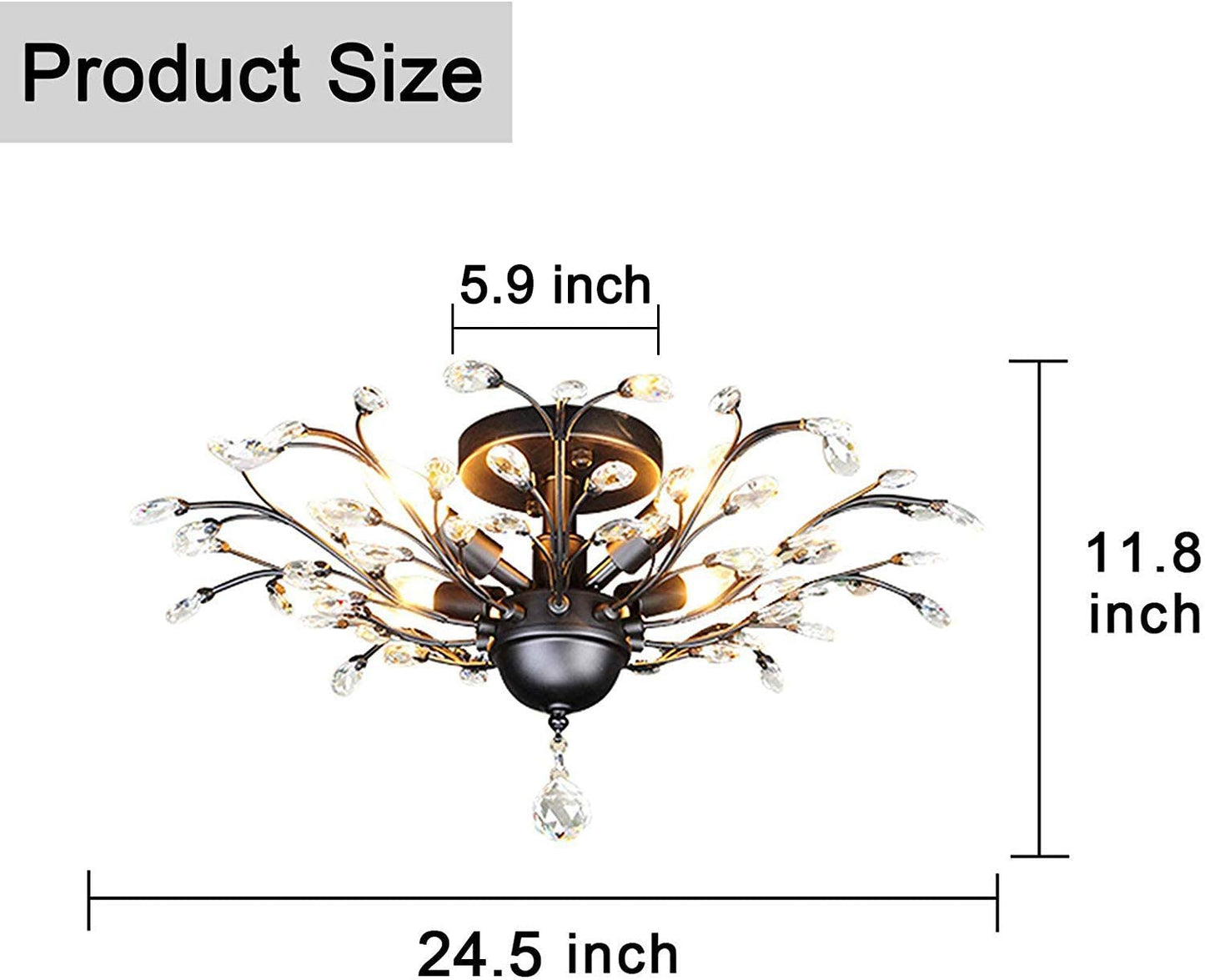 Seol-Light Vintage Crystal Branch Close to Ceiling Light Fixture Black Chandelier Flush Mount with 4 Light 160W 24.5" Dia;