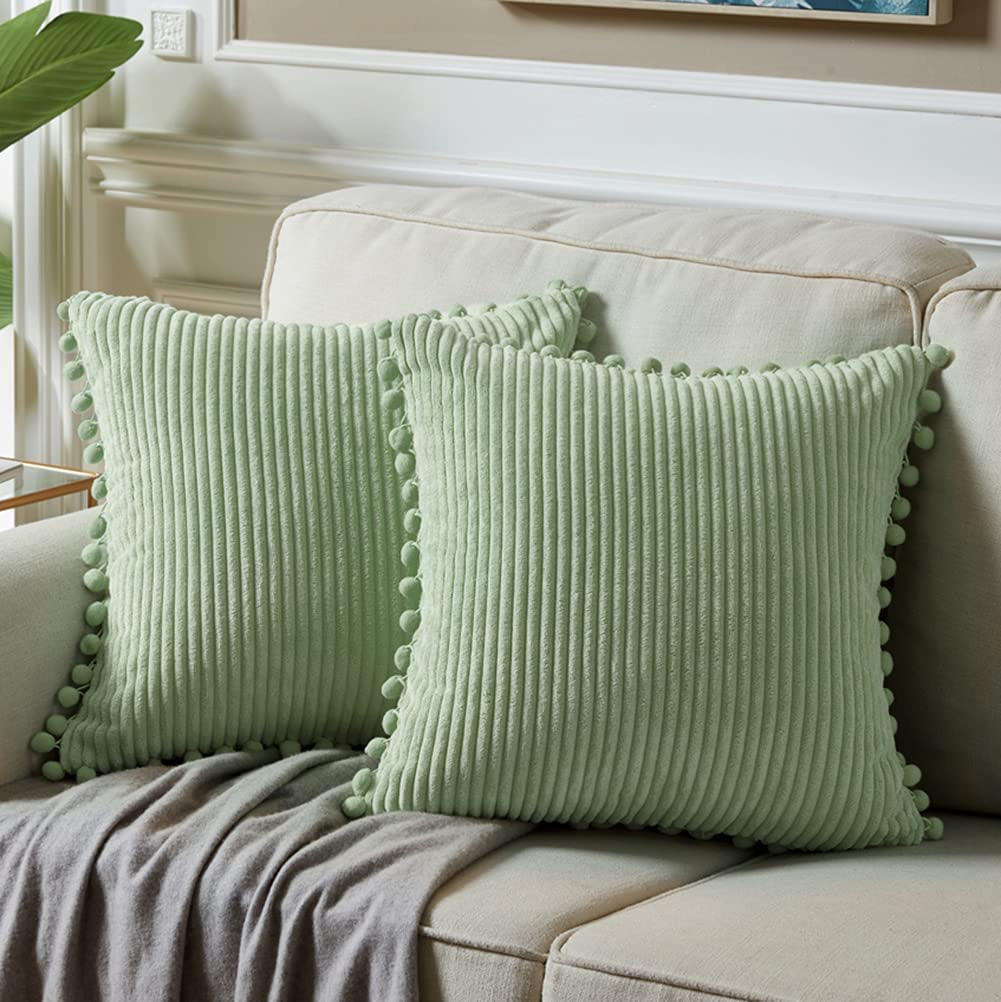 Fancy Homi Dark Gray Decorative Throw Pillow Covers 18X18 Inch with Pom Poms, Boho Farmhouse Home Decor, Soft Corduroy Accent Square Cushion Case for Living Room Couch Bed Sofa 45X45 Cm