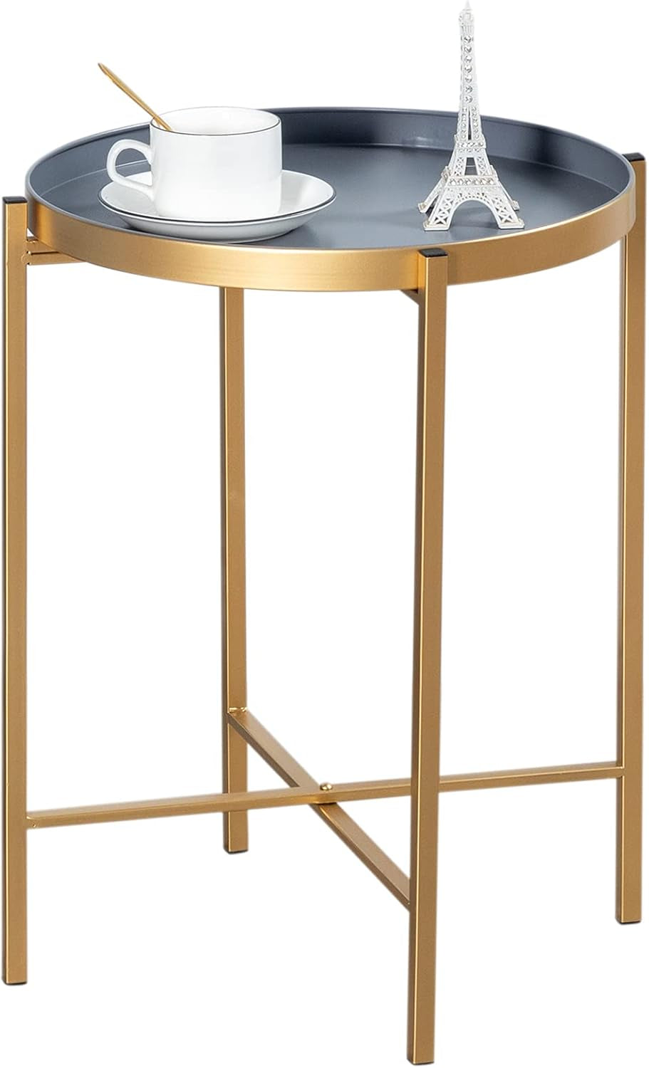 Hollyhome Small round Metal Tray End Table, (D) 14.96" X(H) 18.5", Accent Indoor&Outdoor Sofa Side Tea Table/Nightstand, Weather Resistant Coffee Table for Living Room, Balcony, Patio, Gold&Grey