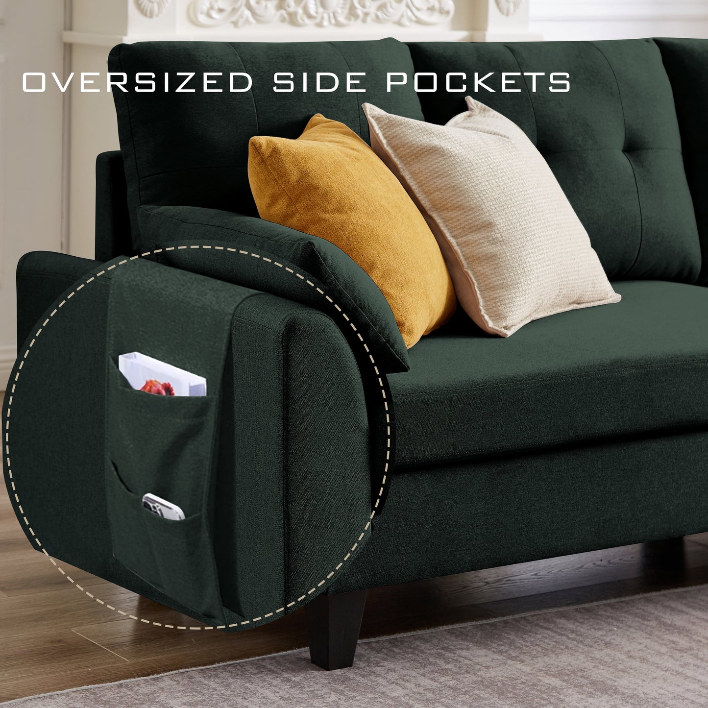 Versatile 4-Seat L-Shaped Sectional Sofa with Reversible Storage Ottoman & Side Pockets – Perfect for Living Room, Office, or Apartment Green