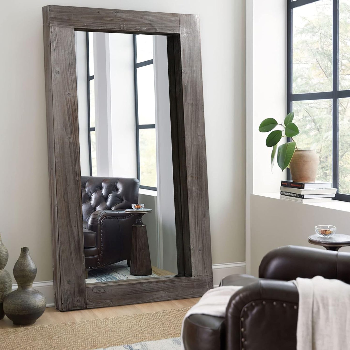 KIAYACI Arched Floor Mirror Wood Frame Wall Mounted Mirror Distressed Style Wide Frame Dressing Make up Mirror for Bathroom/Bedroom/Living Room/Dining Room/Entry/Farmhouse (Light Gray, 64" X 21")…