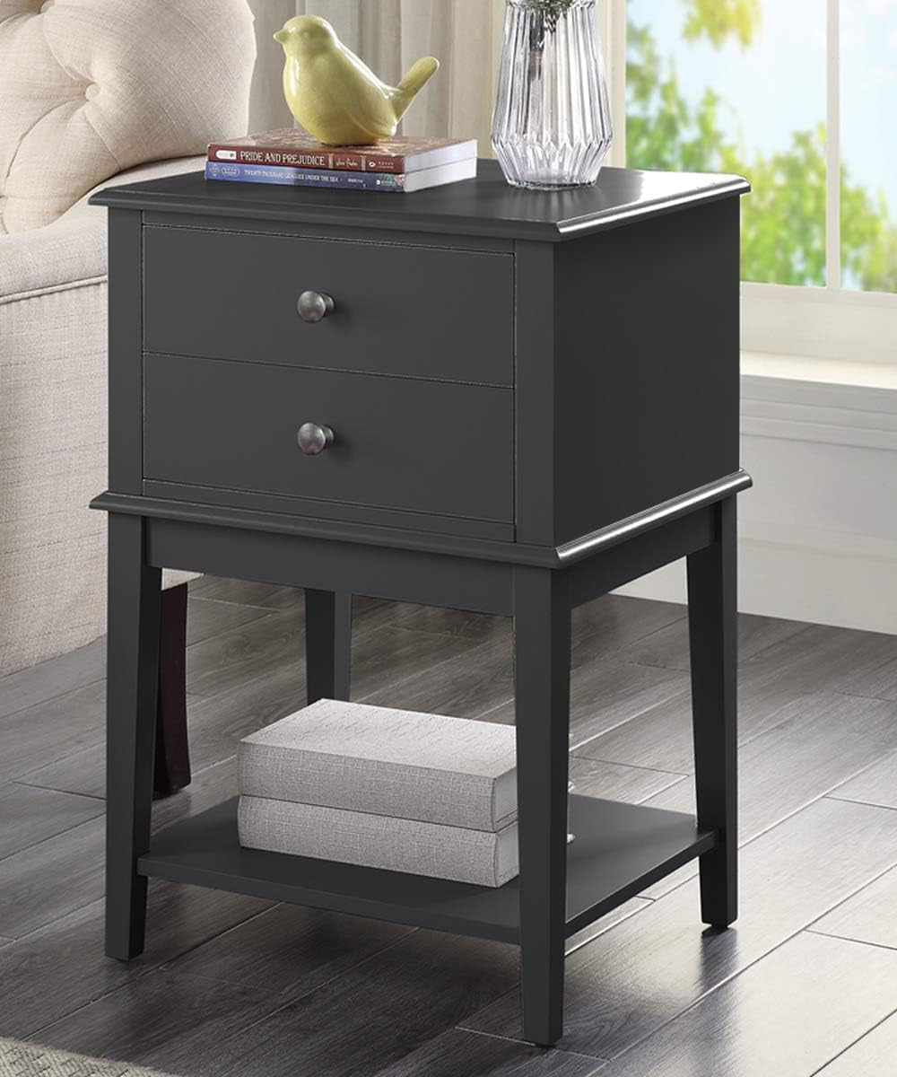 Black Nightstand with 2 Drawers for Bedrooms Tall 28", Big Wooden Bed Night Stand, Large Modern 19" Side End Table for Living Room