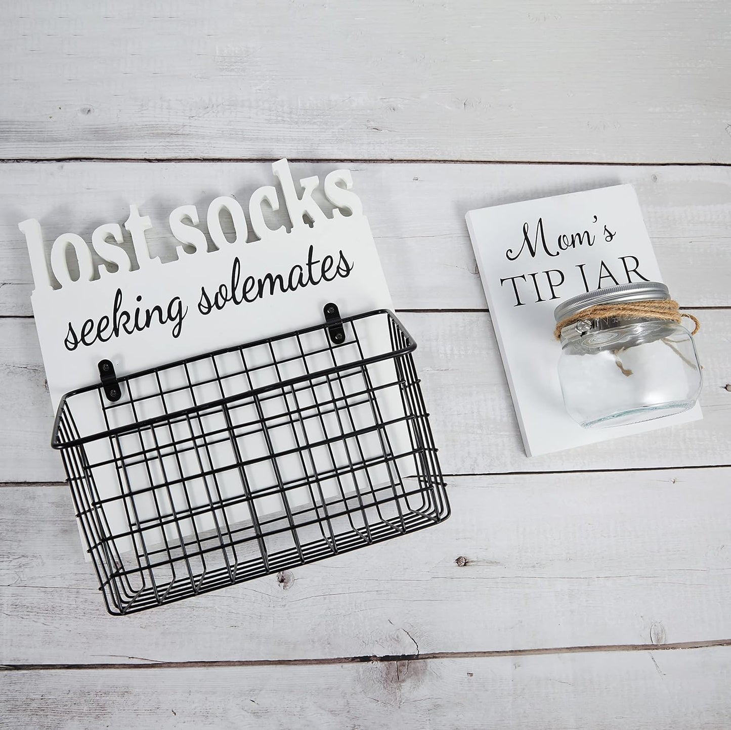 Cutout Letters Lost Socks - Laundry Room Organization, Farmhouse Laundry Room Decor and Accessories - House Decor Rustic Wooden Laundry Sign Wall Decor with Attached Basket - Black