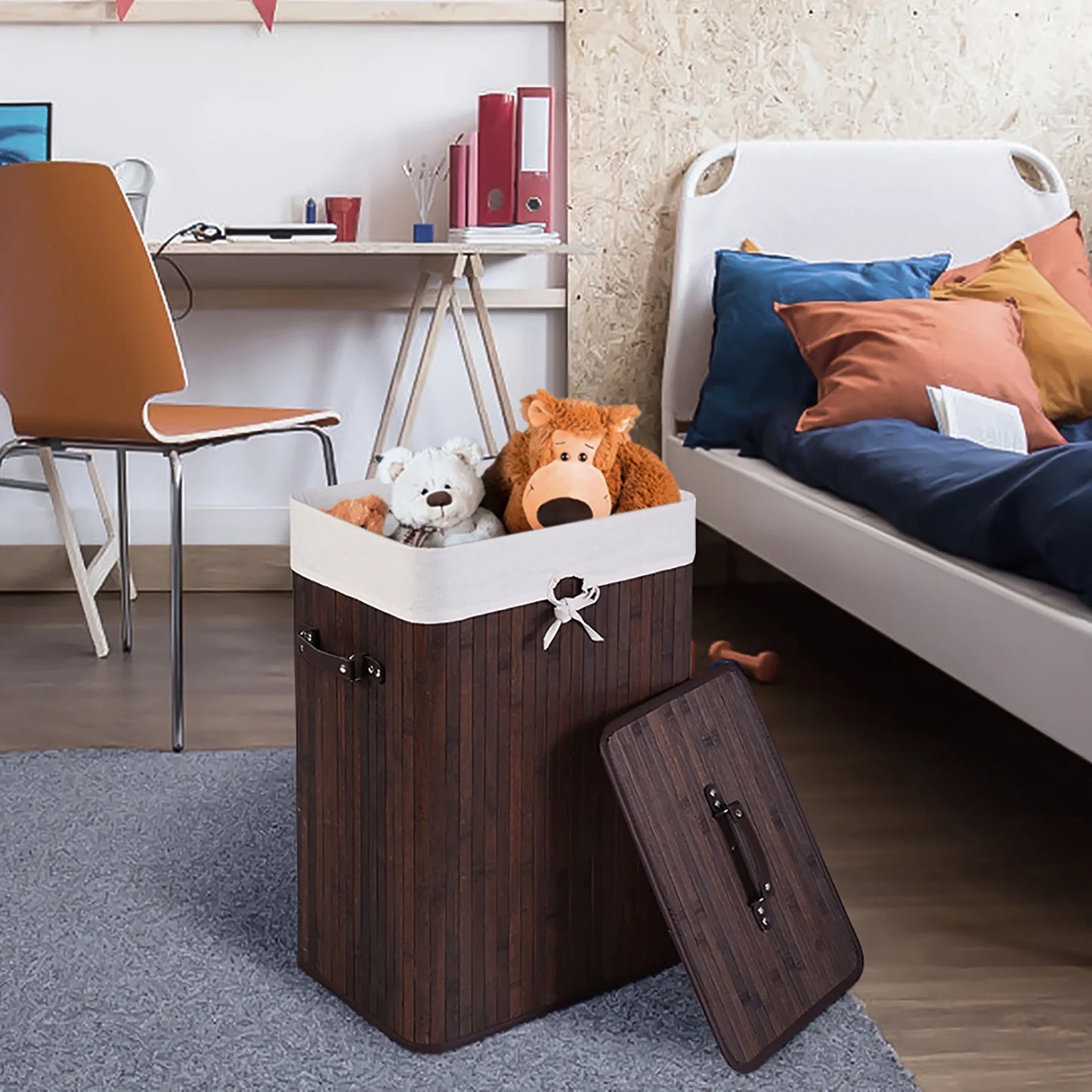 Tall Portable Laundry Basket, Deep Brown & White