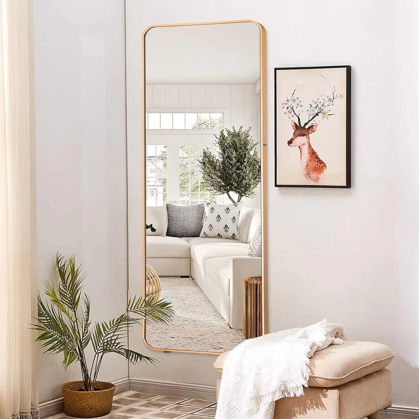 KIAYACI Arched Floor Mirror Wood Frame Wall Mounted Mirror Distressed Style Wide Frame Dressing Make up Mirror for Bathroom/Bedroom/Living Room/Dining Room/Entry/Farmhouse (Light Gray, 64" X 21")…