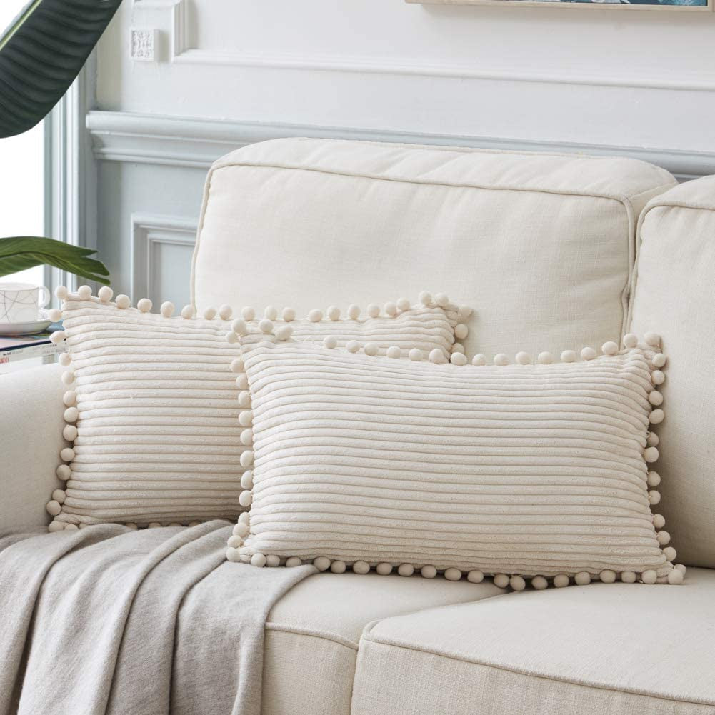 Fancy Homi Dark Gray Decorative Throw Pillow Covers 18X18 Inch with Pom Poms, Boho Farmhouse Home Decor, Soft Corduroy Accent Square Cushion Case for Living Room Couch Bed Sofa 45X45 Cm