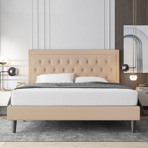Linen Upholstered Platform Bed Frame with Headboard, Contemporary Design