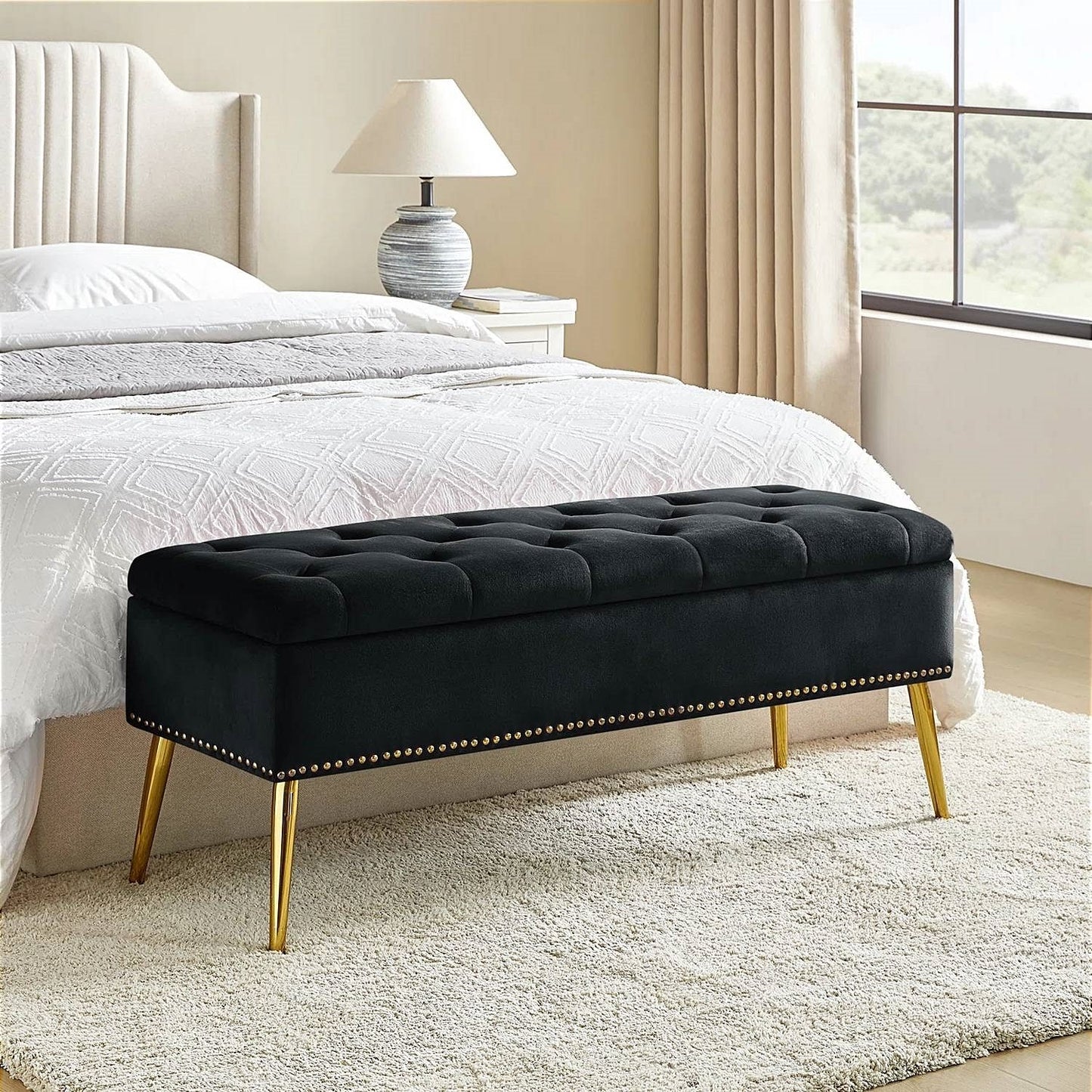 Mid-Century Modern End of Bed Storage Bench with Black Velvet Seat and