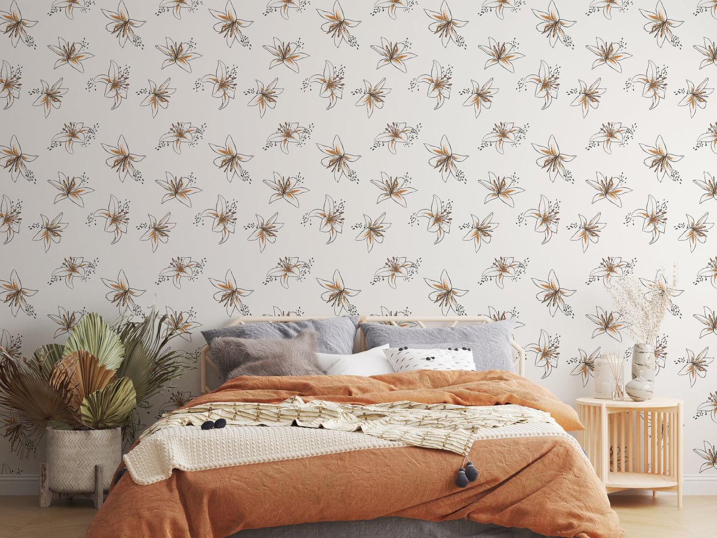 Boho Lilies Wallpaper - Bohemian Lily Floral Wallpaper for Living Room and Bedroom