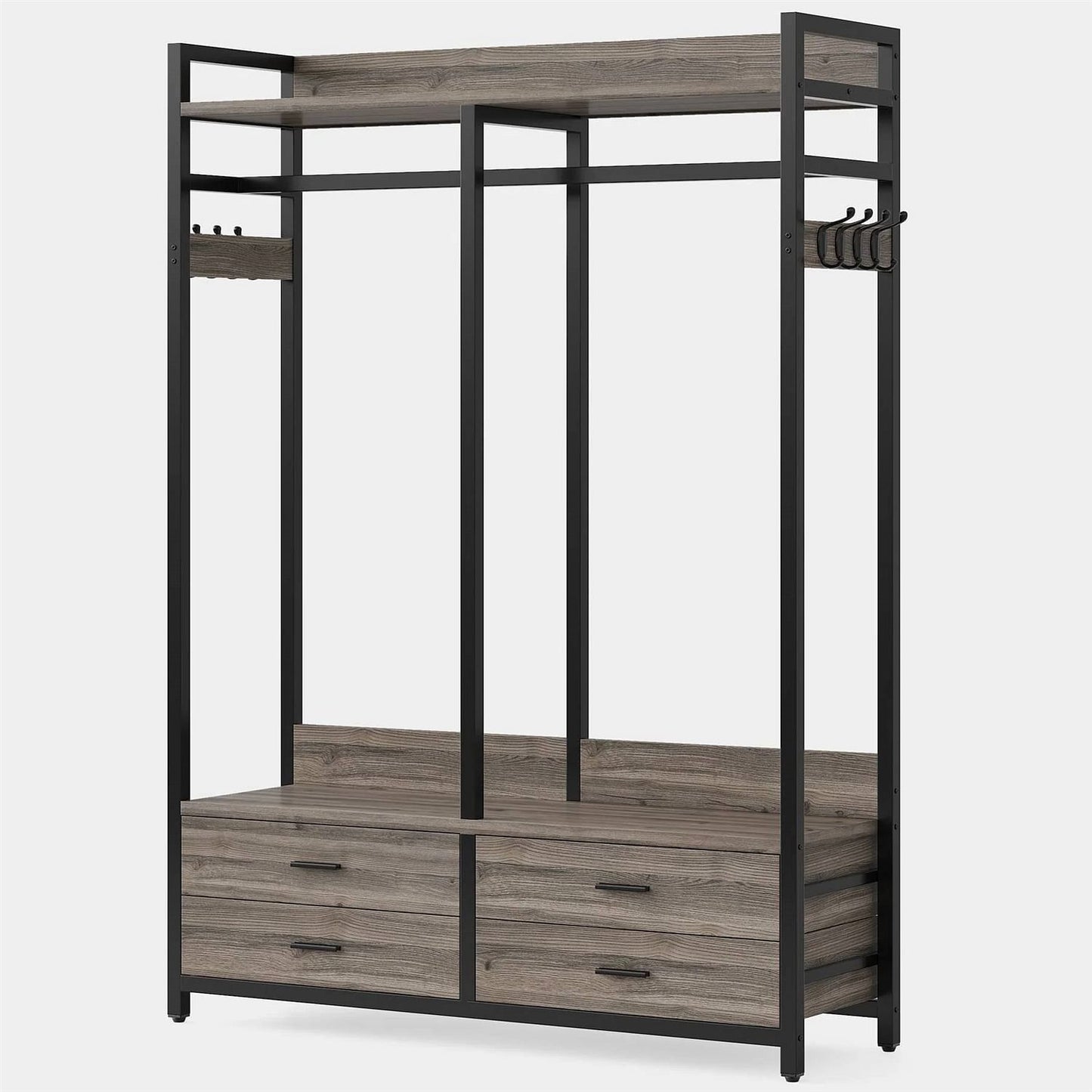 Modern Grey Black Garment Rack with Clothes Hanging Rod and 4 Storage
