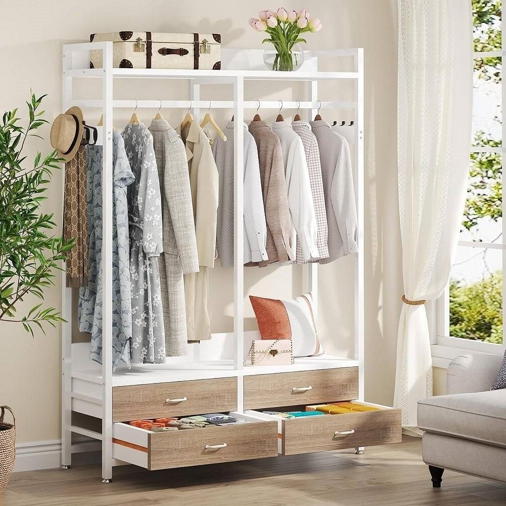 Freestanding White Oak Garment Rack Clothes Hanging Rod with 4 Storage