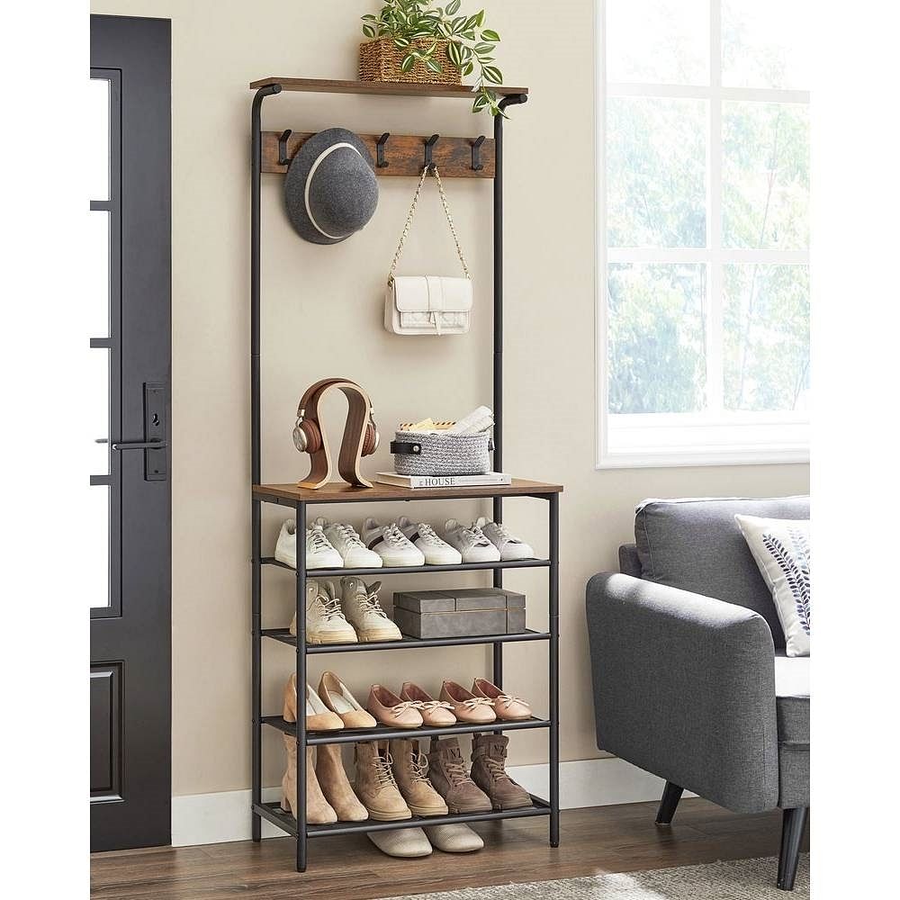 Modern Industrial Style Hall Tree Coat Rack Entryway Shoe Rack with 4