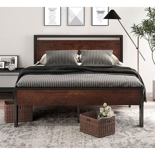 Metal Platform Bed Frame with Upholstered, Wood Slat or Panel Headboard and Trundle