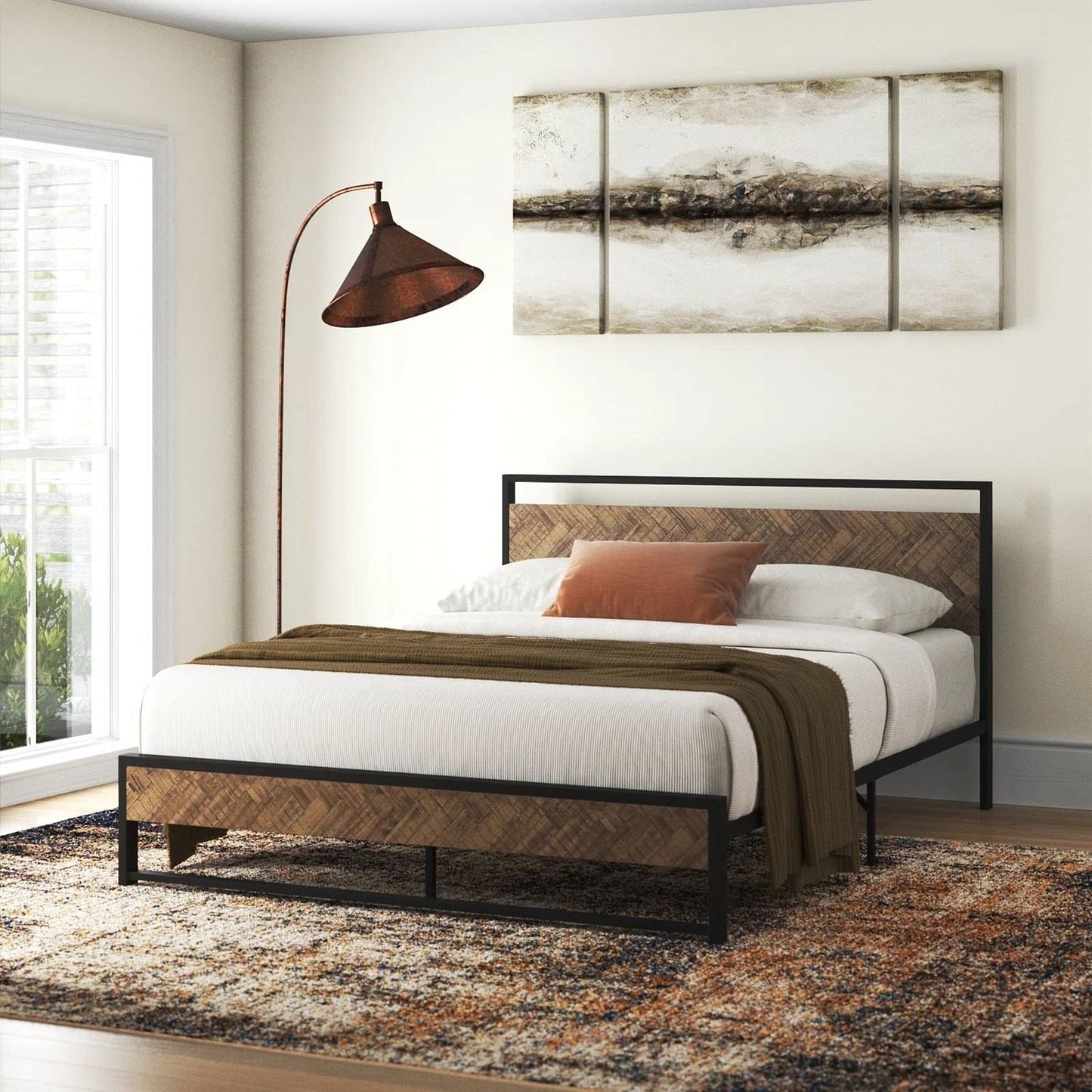 Queen Modern Industrial Metal Platform Bed Frame with Wood Headboard
