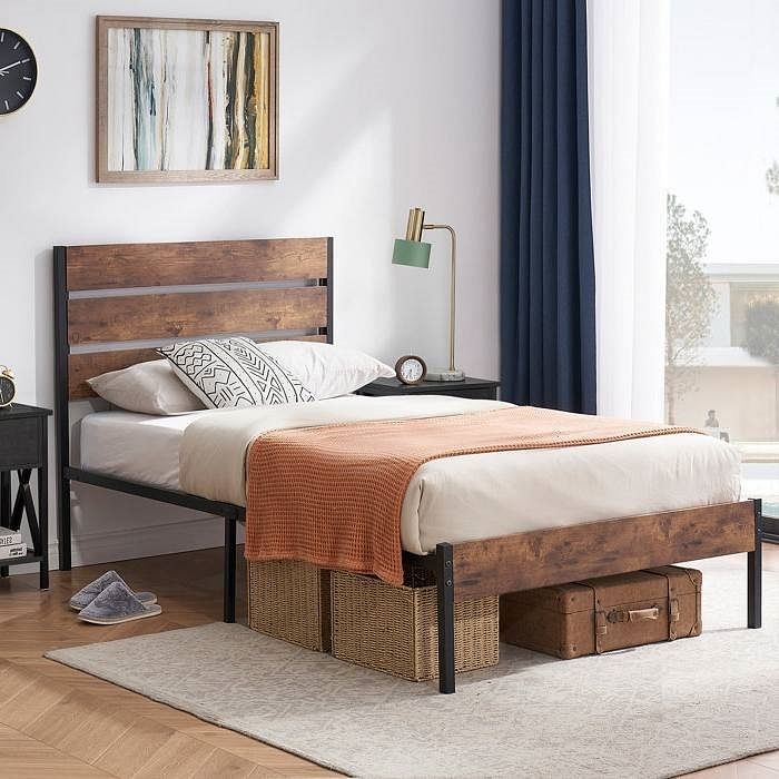Twin Industrial Platform Bed Frame with Brown Wood Slatted Headboard