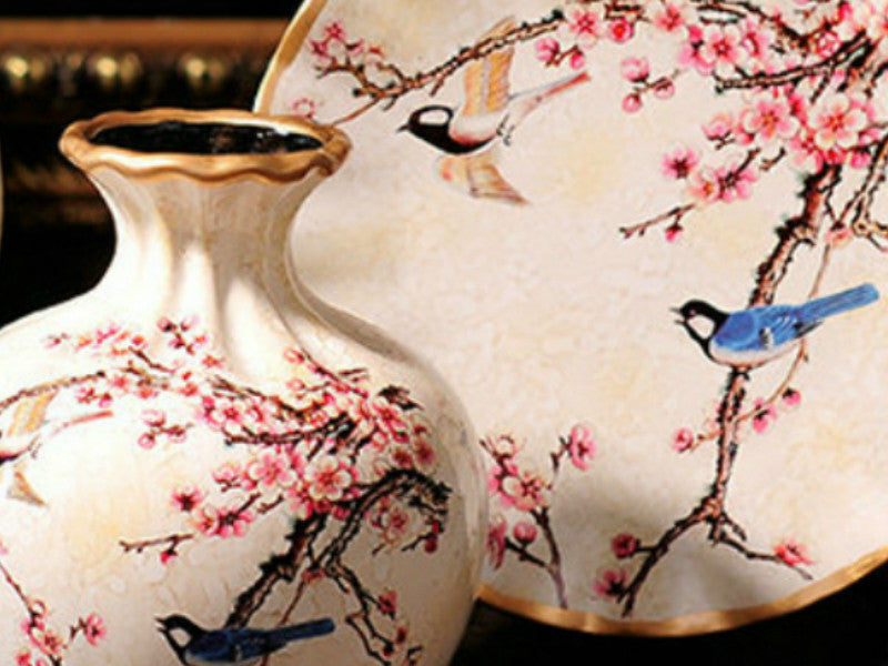 Cherry Blossom Meadow 3-Piece Ceramic Vase Set – Elegant Off-White Decorative Vases with Golden Rim