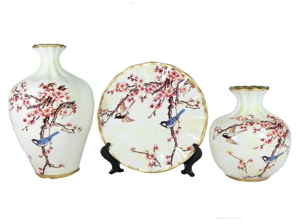 Cherry Blossom Meadow 3-Piece Ceramic Vase Set – Elegant Off-White Decorative Vases with Golden Rim