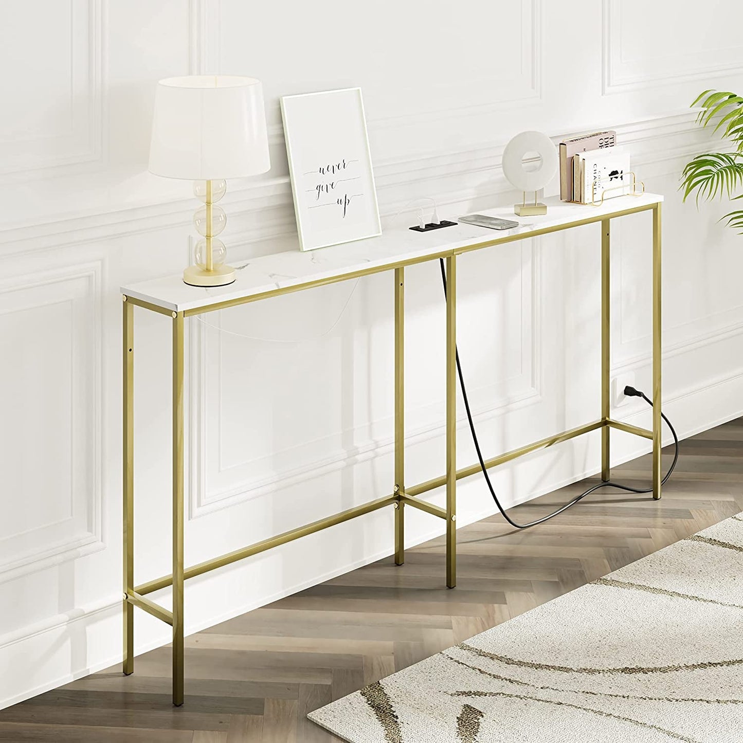 Modern Console Table with Power Outlet and Gold Frame