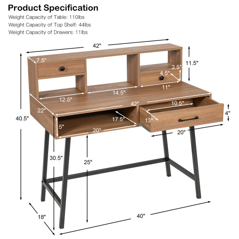 42-Inch Vanity Desk with Tabletop Shelf and 2 Drawers