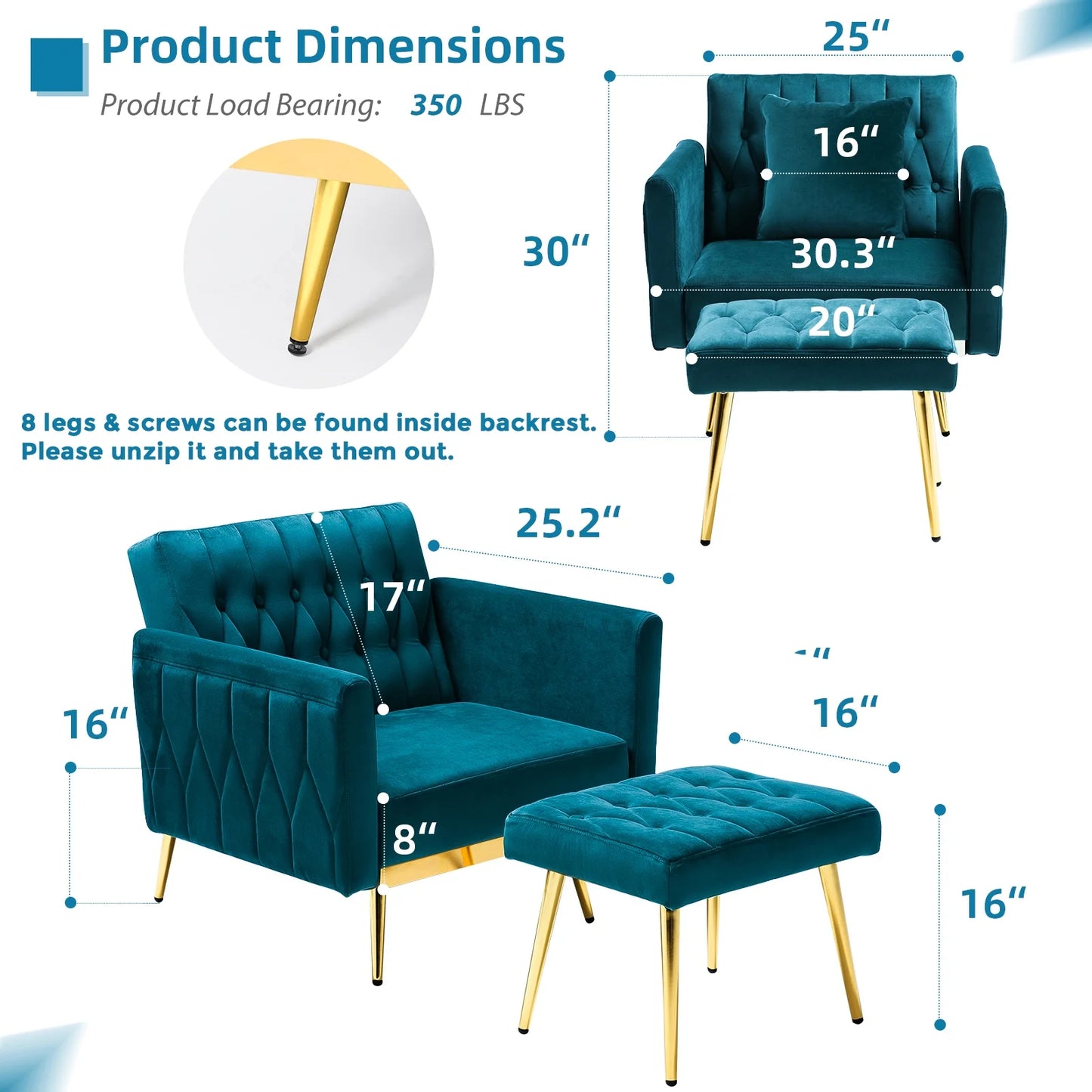 Velvet Accent Chair with Adjustable Armrests and Backrest,Single Recliner Armchair with Ottoman, Teal