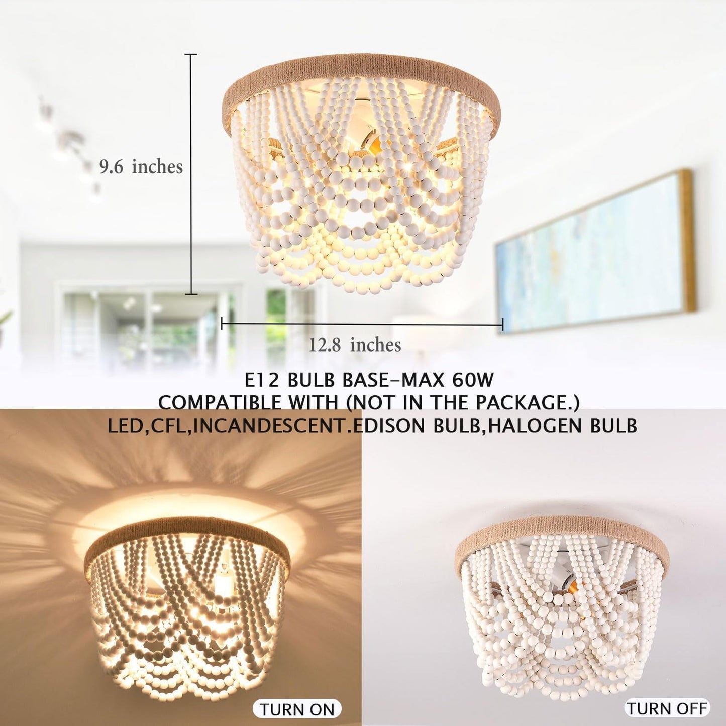 Wood Beaded Flush Mount Ceiling Light Antique Rustic Mini Chandelier