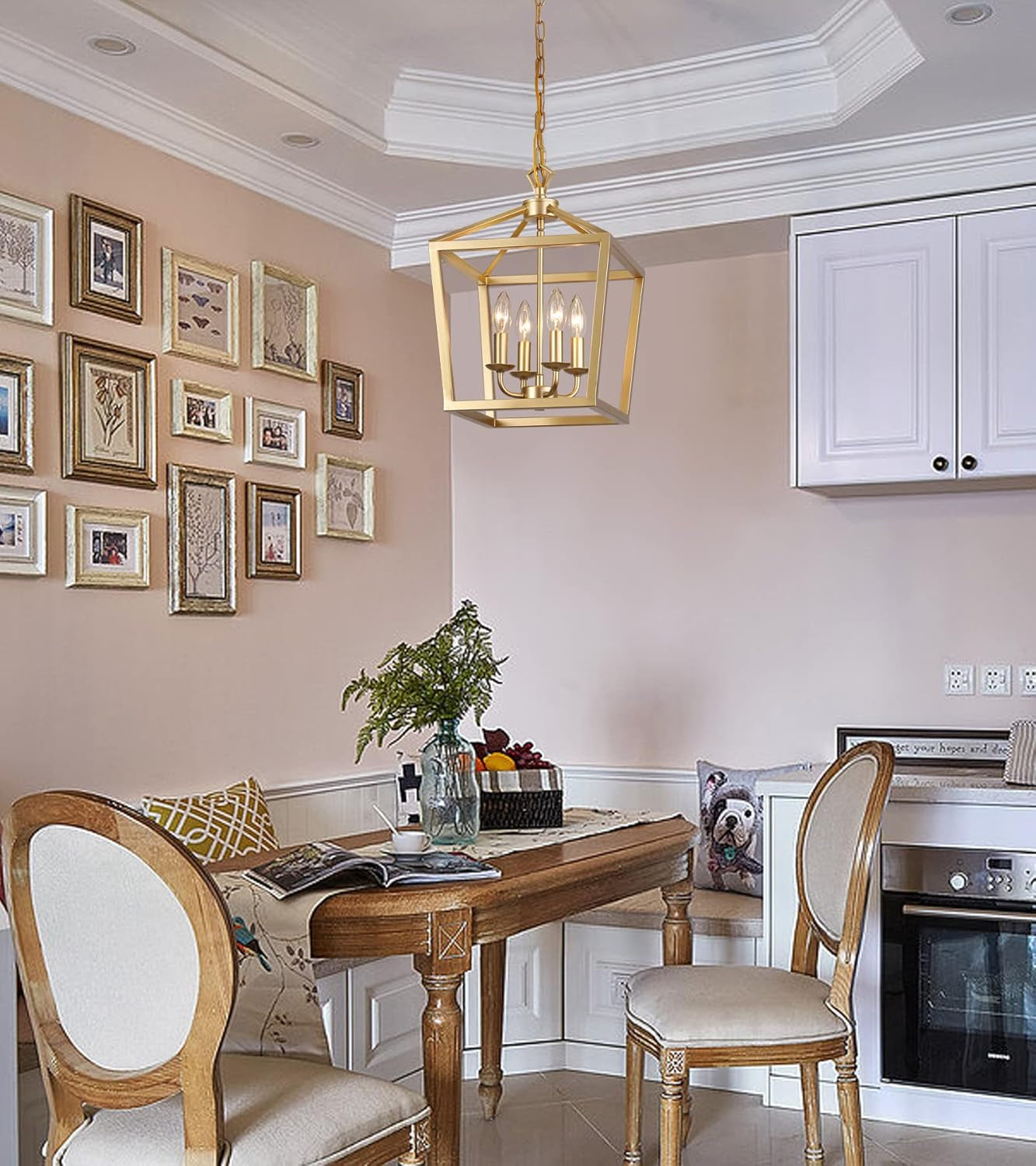 Gold Lantern Chandelier Hanging Pendant Light Fixture 4-Lights for