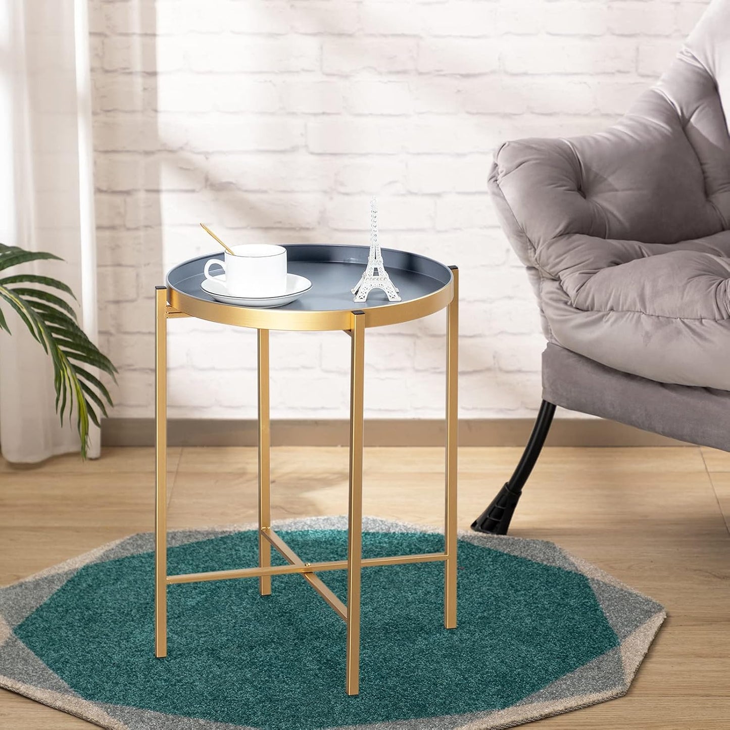 Hollyhome Small round Metal Tray End Table, (D) 14.96" X(H) 18.5", Accent Indoor&Outdoor Sofa Side Tea Table/Nightstand, Weather Resistant Coffee Table for Living Room, Balcony, Patio, Gold&Grey